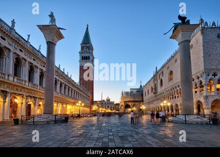 Piazza San Marco (Saint Mark`s Square) with old Doge's Palace at night in Venice, Italy. This square is the main tourist destination in Venice. Stock Photo